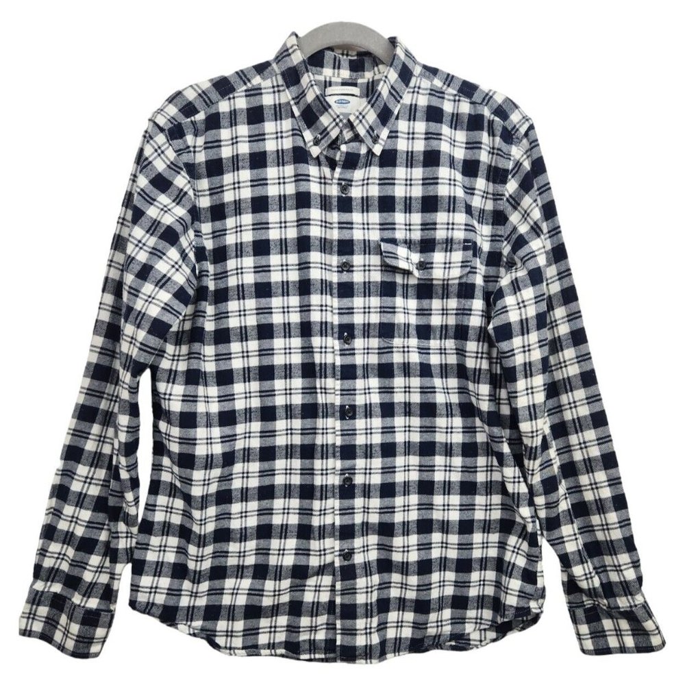 Old Navy Mens Flannel Shirt Size L Blue Plaid Slim Fit LS Button Down